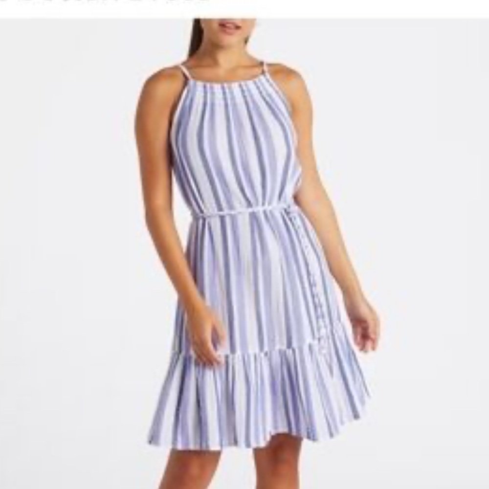 Beachlunchlounge White and Blue Striped Mini Dress 100%Cotton